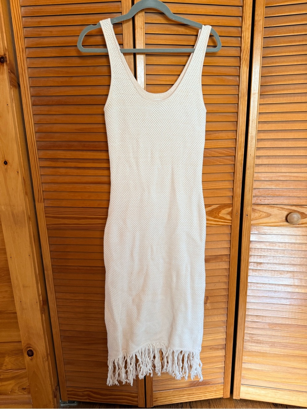 Future Collective Sleeveless Cream Knit Midi Dress with Fringe Hem